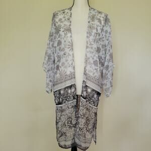 Apt 9 OSFM Ruana Kimono Cover Up Open Front Side Slits Floral Metallic Threads